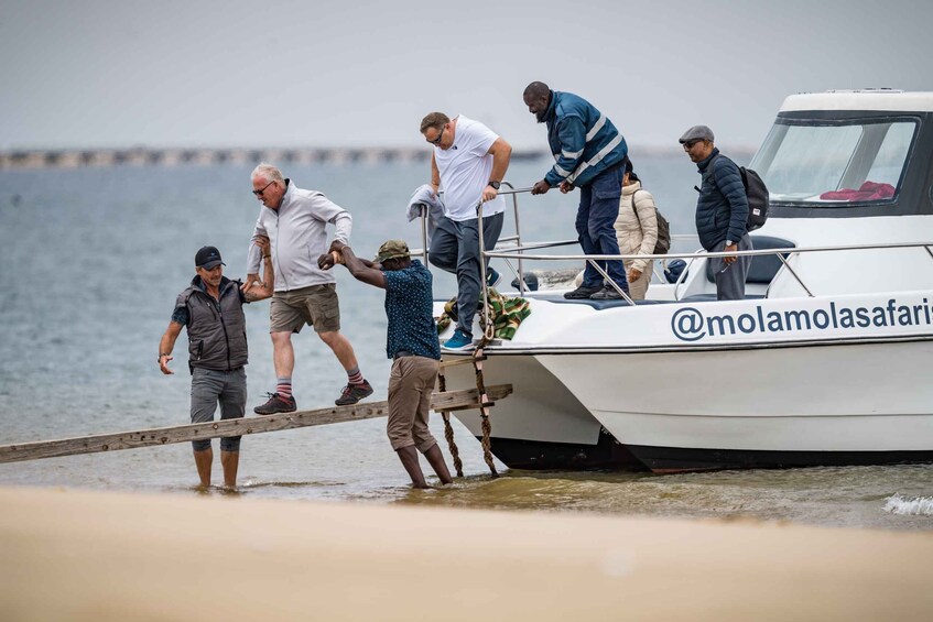 People boarding a boat with a rope ladder. 3