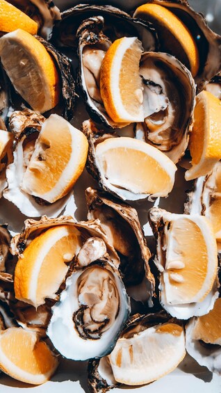 A close-up of oysters with lemon slices on a plate. 4
