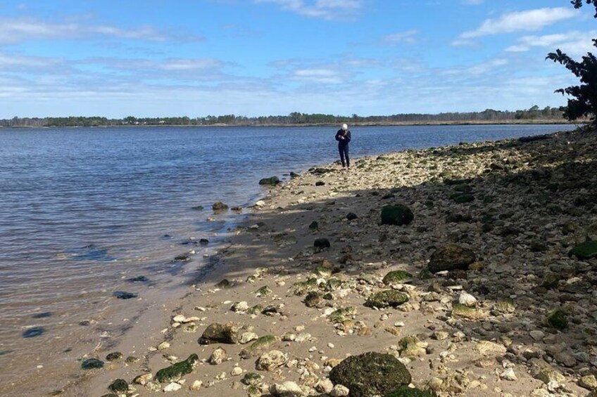 A rocky shoreline with a person standing on the beach. 2