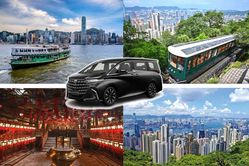 A ferry, a train, a luxury car, a temple interior, and a cityscape. 1