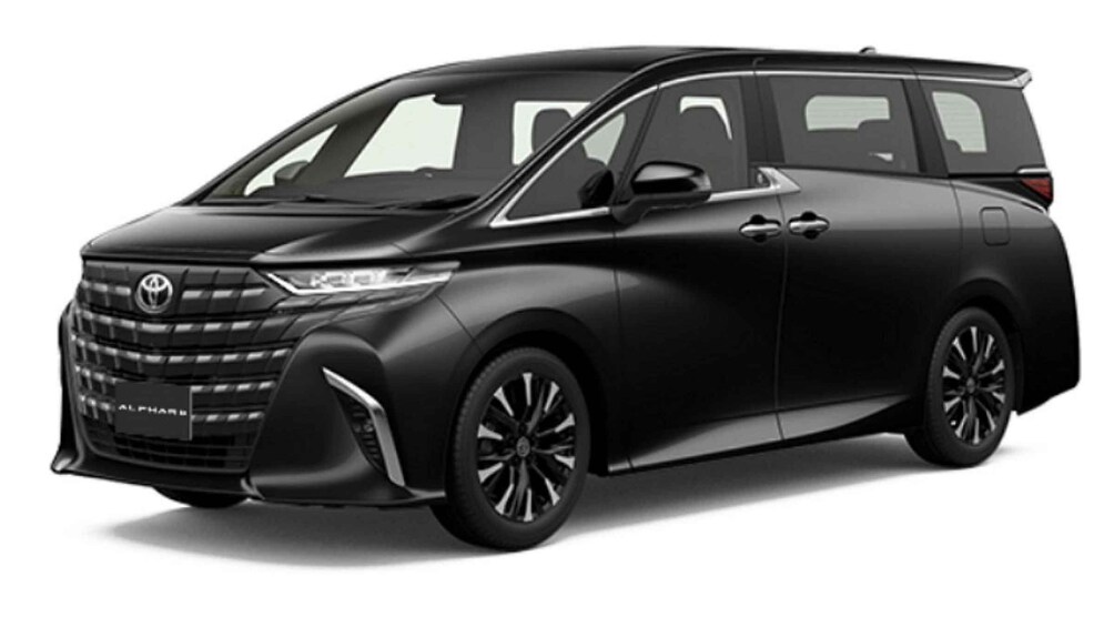 A black Toyota Alphard SUV with distinctive front grille, LED headlights, and alloy wheels. 4
