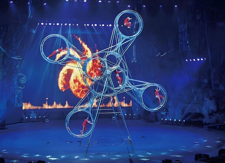 A circus performance with acrobats on a complex aerial apparatus. 3