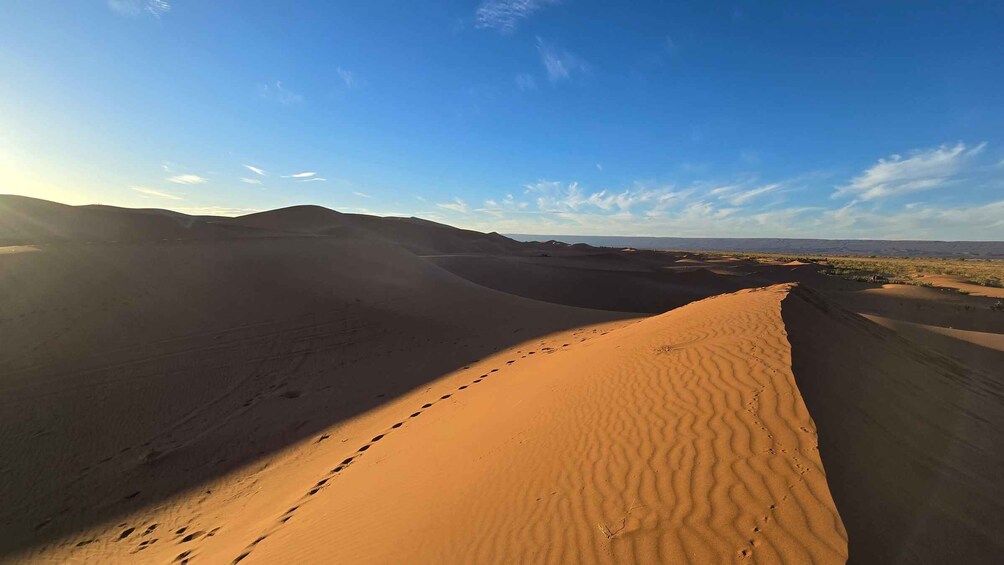 A vast desert landscape with sand dunes under a clear sky. 1