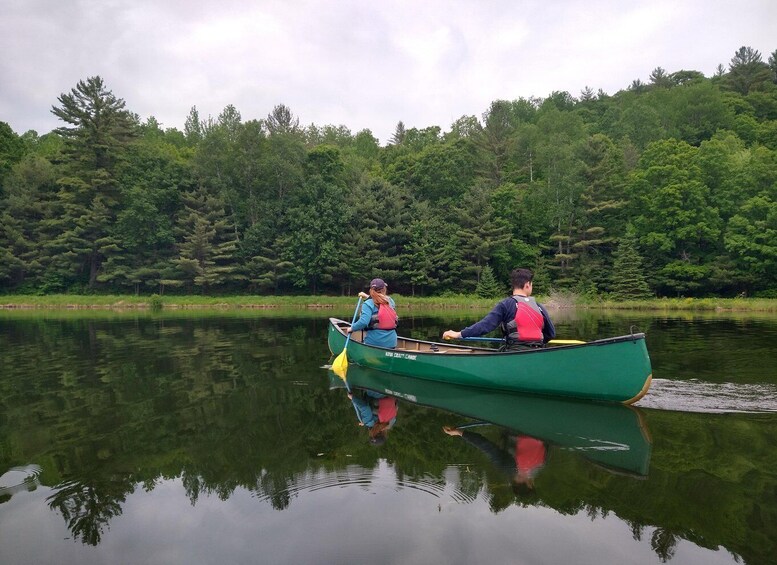Two people canoeing on a calm lake surrounded by dense forest. 1