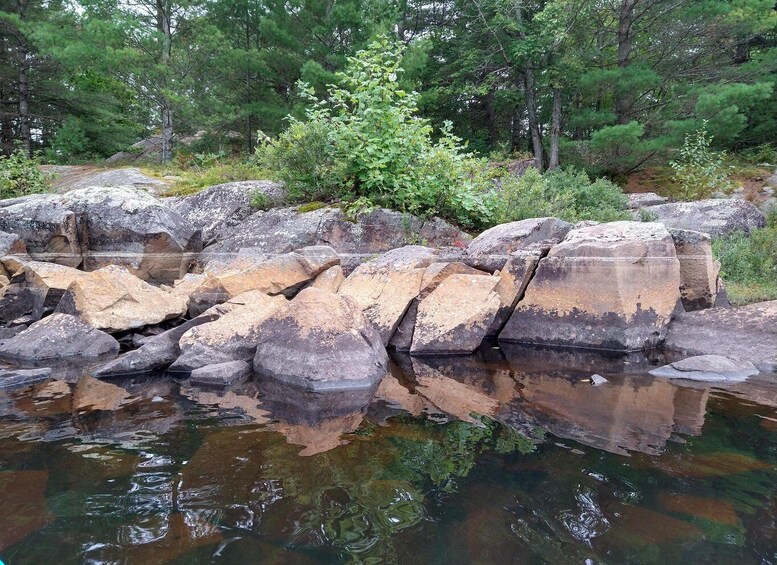 A rocky shoreline with clear water reflecting the surrounding trees. 2