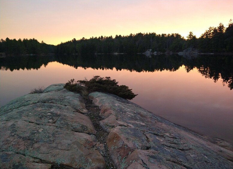 A calm lake at dusk with a rocky foreground and a forested shoreline. 4