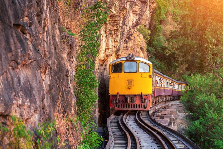 A yellow train traveling on tracks through a rocky canyon with greenery. 5