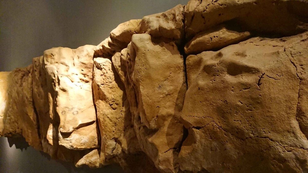 A textured rock formation with visible cracks and crevices. 2