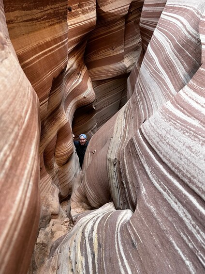 A person in a narrow canyon with striated rock formations. 2