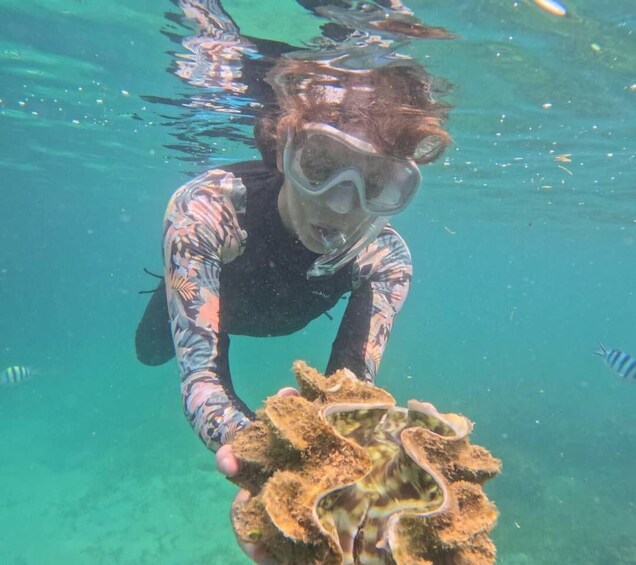 A person snorkeling underwater, holding a coral. 1