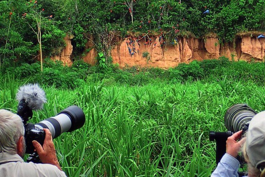 A person with a camera in a grassy area with a cliff in the background. 5