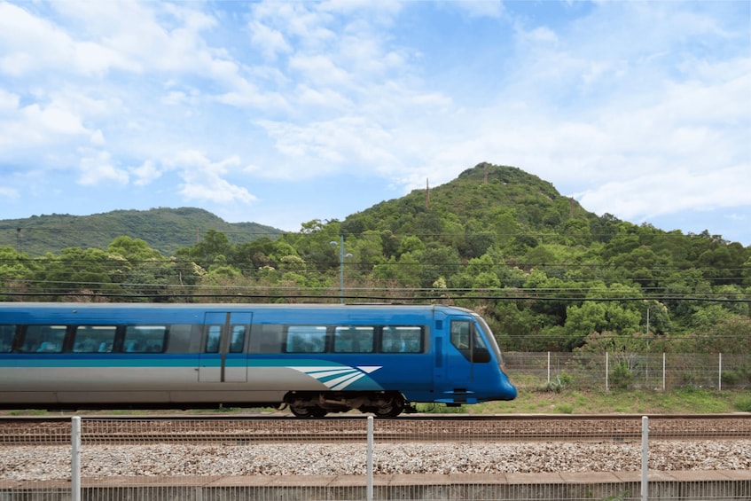 A blue train on tracks with a mountainous background. 5