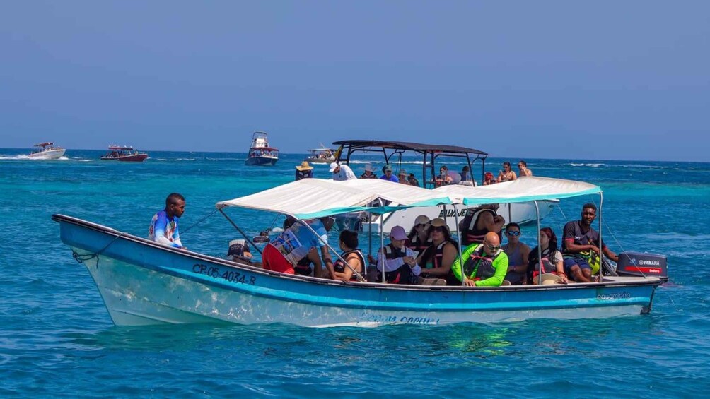 A group of people on a blue boat with a canopy, surrounded by other boats in clear blue waters. 3