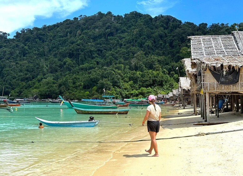 A beach with boats, a person walking, and a forested hill in the background. 2