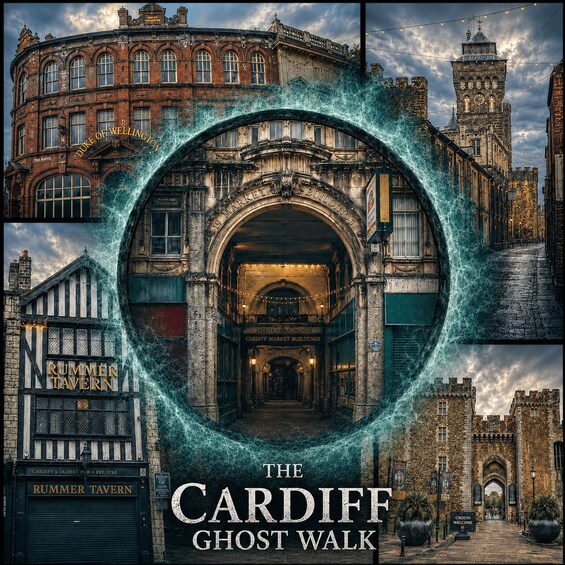 A historic building with a clock tower, a market archway, and a tavern. 1