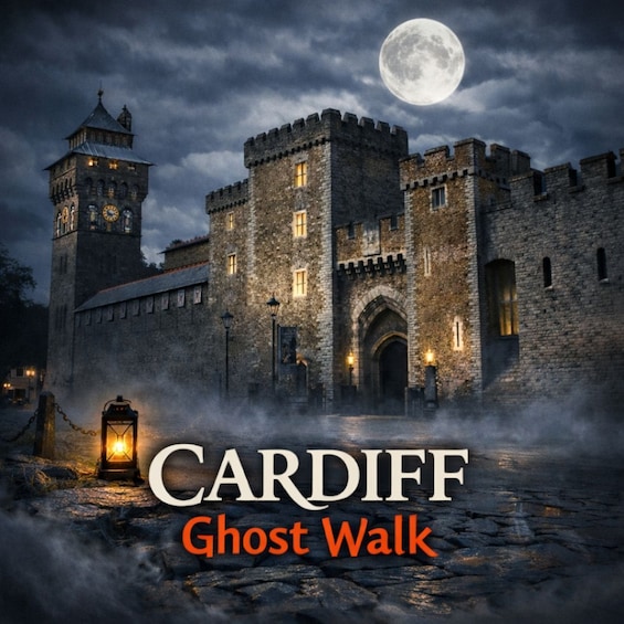 A historic castle with a full moon in the background, labeled 'CARDIFF Ghost Walk.' 1