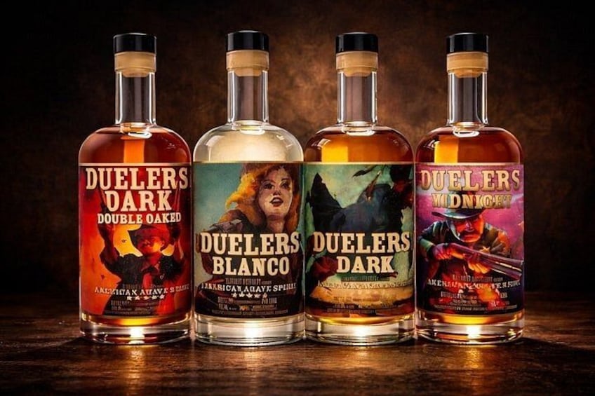 Four bottles of Duellers Dark whiskey with distinct labels. 2