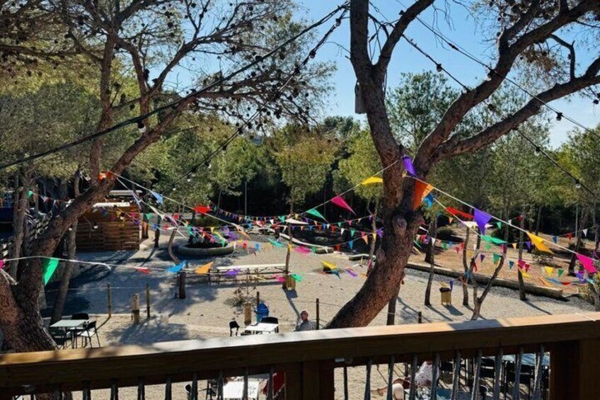 A park with trees, a sandy area, and colorful triangular flags. 5