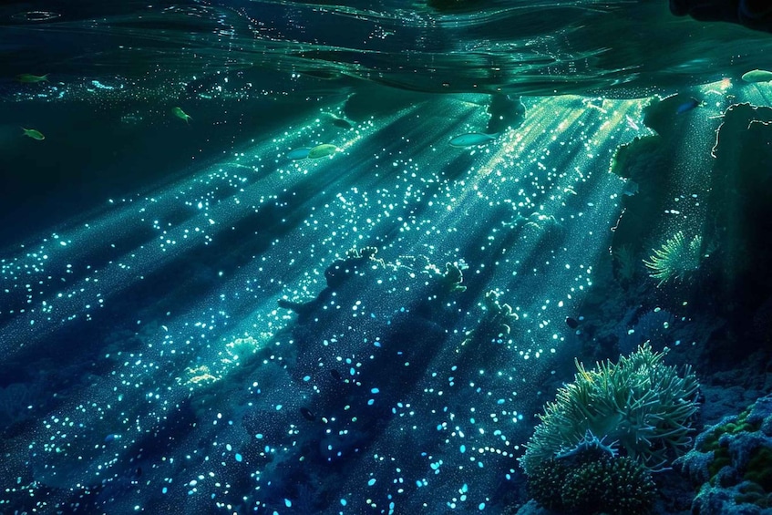 An underwater scene with sunlight filtering through the water, illuminating particles and marine life. 2