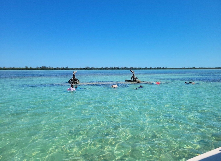 A clear blue sea with people snorkeling and a boat in the distance. 4
