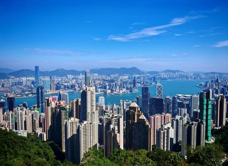 A densely packed urban skyline with high-rise buildings, a harbor, and mountains in the background. 5