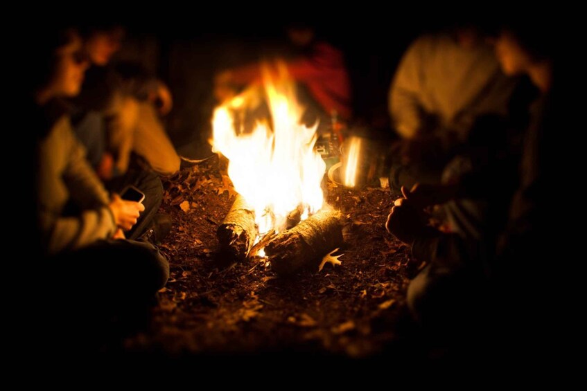 A campfire with people sitting around it. 2