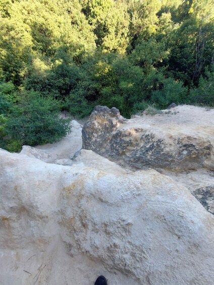 A rocky terrain with large boulders and dense green forest in the background. 2