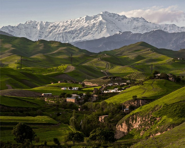 Rolling green hills, a small village, and snow-capped mountains in the background. 5