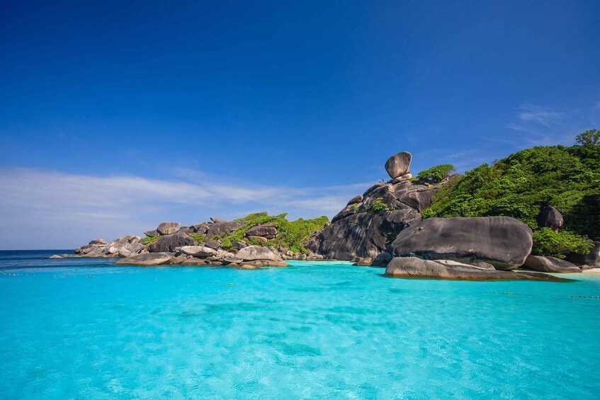 A turquoise sea with large boulders and lush greenery. 4