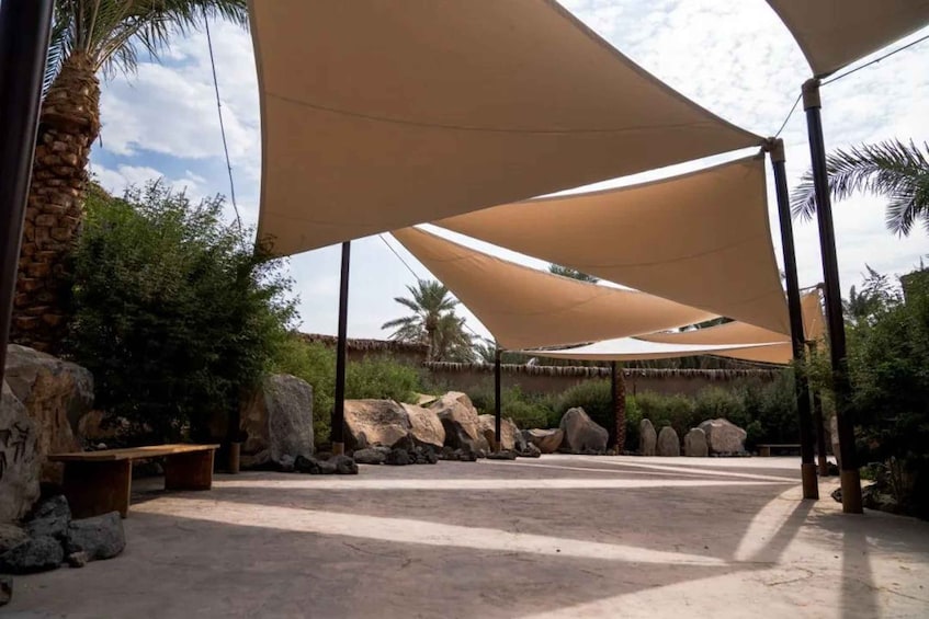 A shaded outdoor area with palm trees, rocks, and a thatched-roof structure. 2