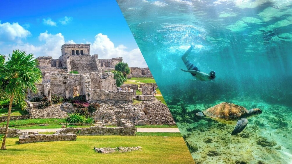 Ancient ruins and a diver underwater. 1