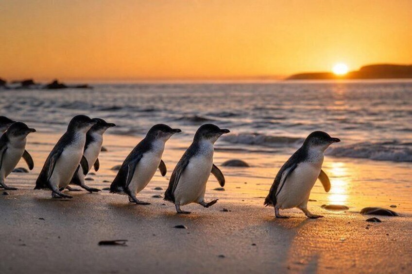 Penguins walking on a beach at sunset. 3