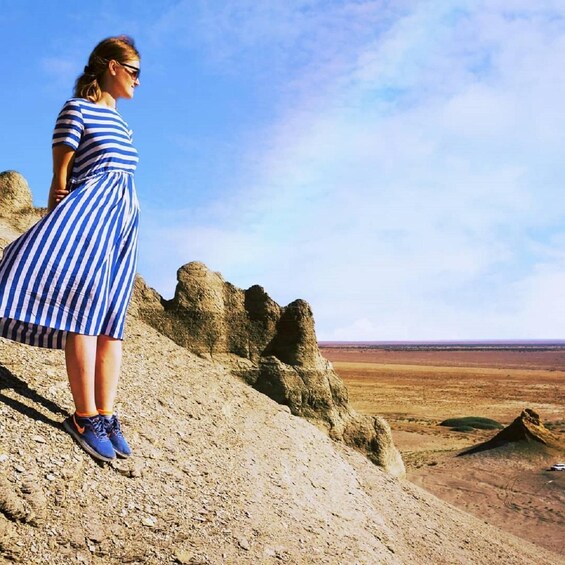 A person standing on a rocky outcrop overlooking a vast, flat landscape. 2