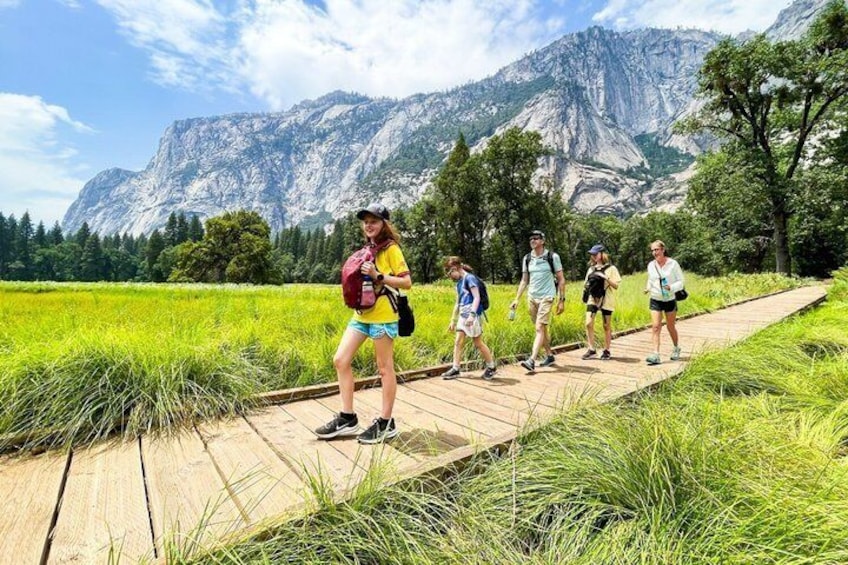 Un groupe de personnes se promène sur une passerelle en bois qui traverse un champ herbeux, avec des montagnes en arrière-plan. 5