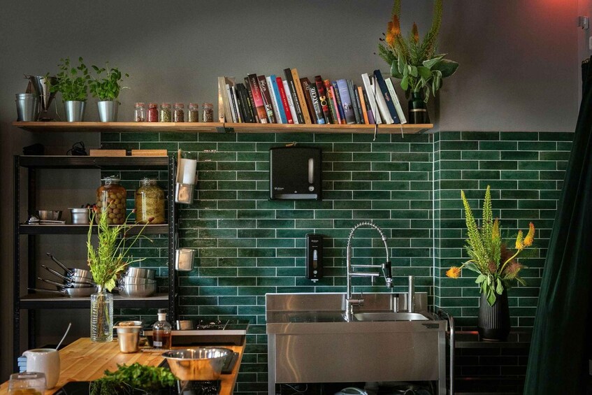 A kitchen with a green-tiled backsplash, a stainless steel sink, and a wooden shelf with books and plants. 2