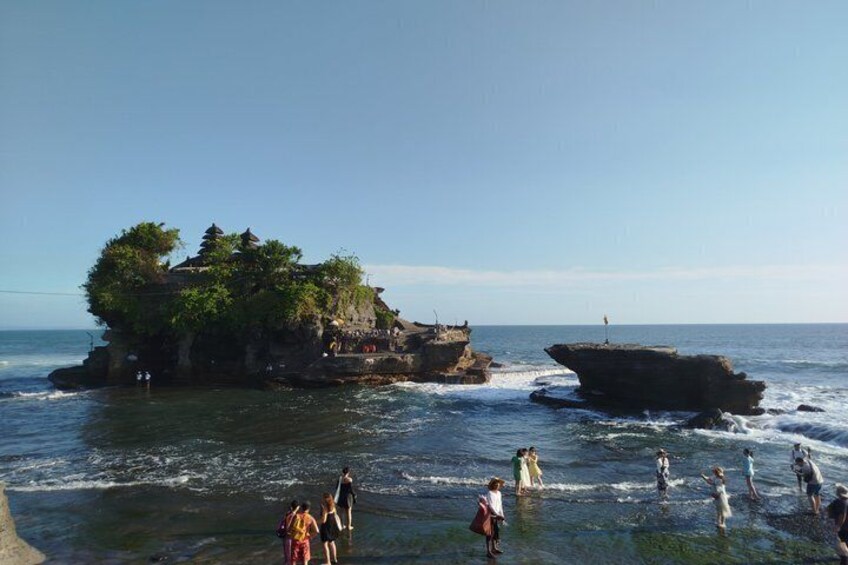 A rocky island with trees, a clear sky, and people near the water. 4