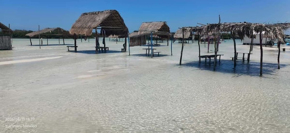 A beach with thatched huts and clear shallow water. 5