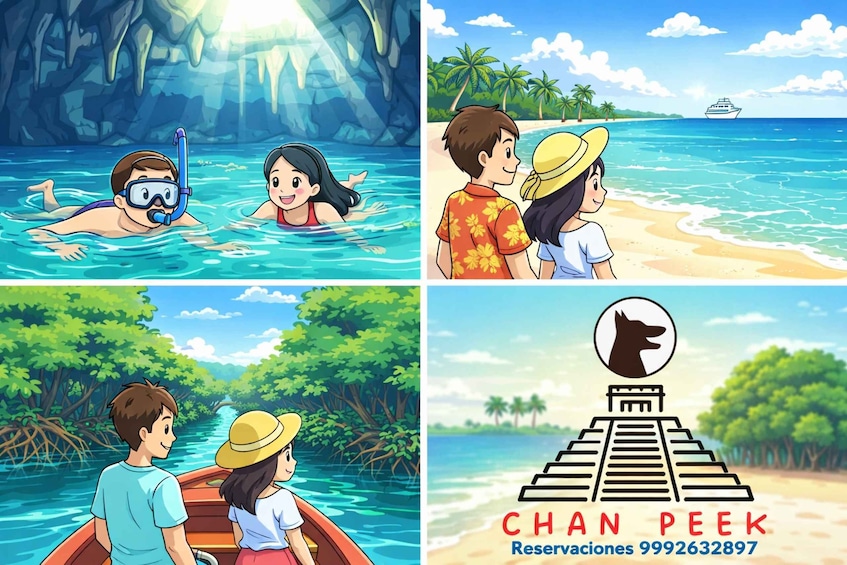 A tropical beach, a boat on water, a person snorkeling, and a pyramid structure. 4