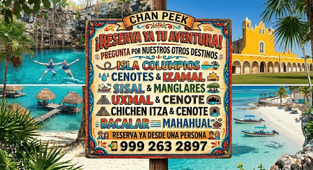 A travel sign with destinations like Isla Columpios and Chichen Itza. 3