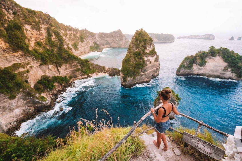 A person standing on a cliff overlooking a coastal landscape with cliffs and the ocean. 4
