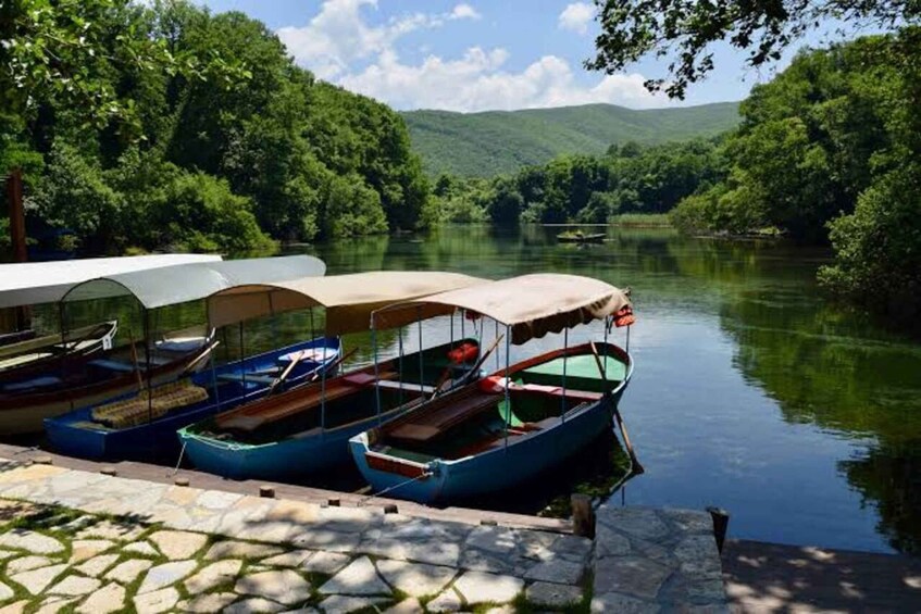 A row of canoes docked at a riverside pier with a forested backdrop. 2