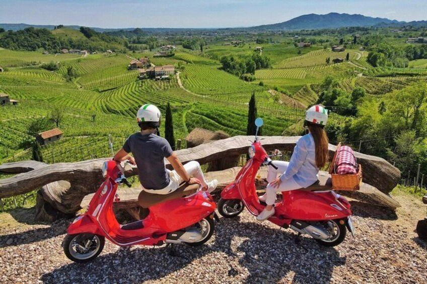 Two people on red scooters, a vineyard landscape, and a stone bridge. 3