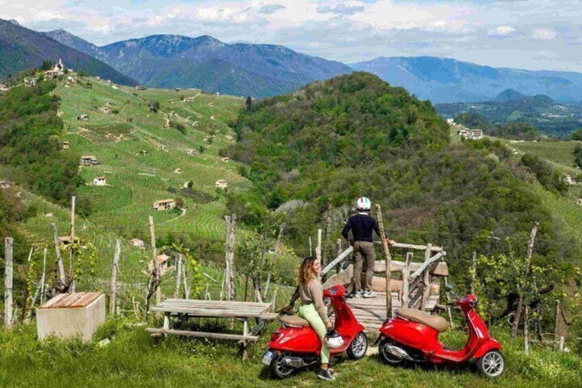 A hilly landscape with a wooden bench, a red scooter, and a person standing on a wooden platform. 5