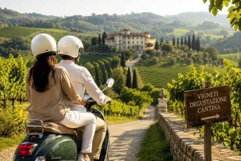 A couple on a scooter, a vineyard, and a sign indicating a wine tasting route. 2