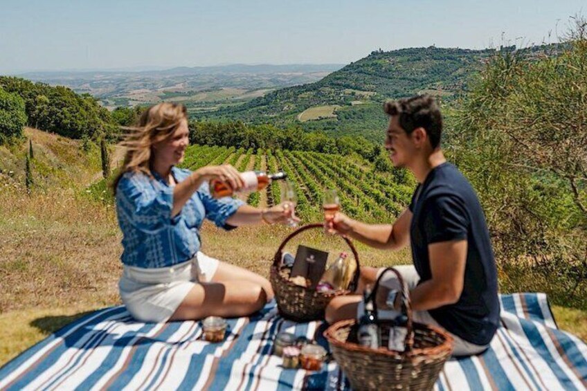 Two people sitting on a blanket in a vineyard with a scenic view of hills. 4