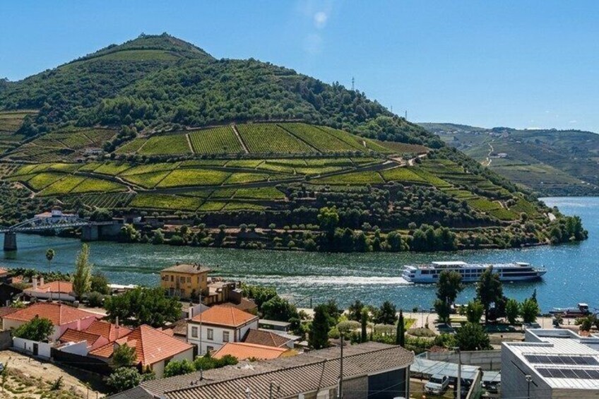 A river with boats, vineyards, and a hill with a building on top. 1
