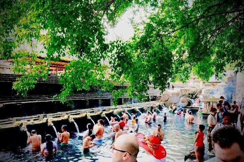 Ein belebtes Schwimmbecken im Freien mit verschiedenen Wasserspielen und Menschen, die sich im Wasser vergnügen. 4