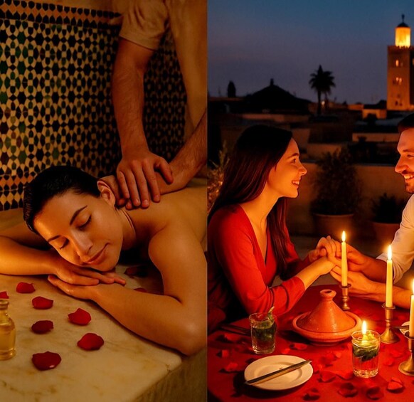 A massage session with rose petals on a table and a candle-lit dinner with a traditional Moroccan setting. 1