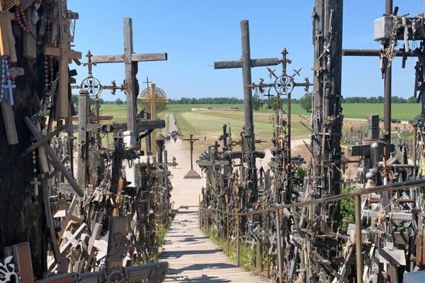 A pathway lined with numerous crosses and religious artifacts. 2