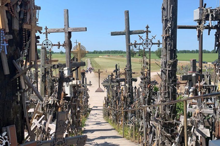 A pathway lined with numerous crosses and religious artifacts. 2